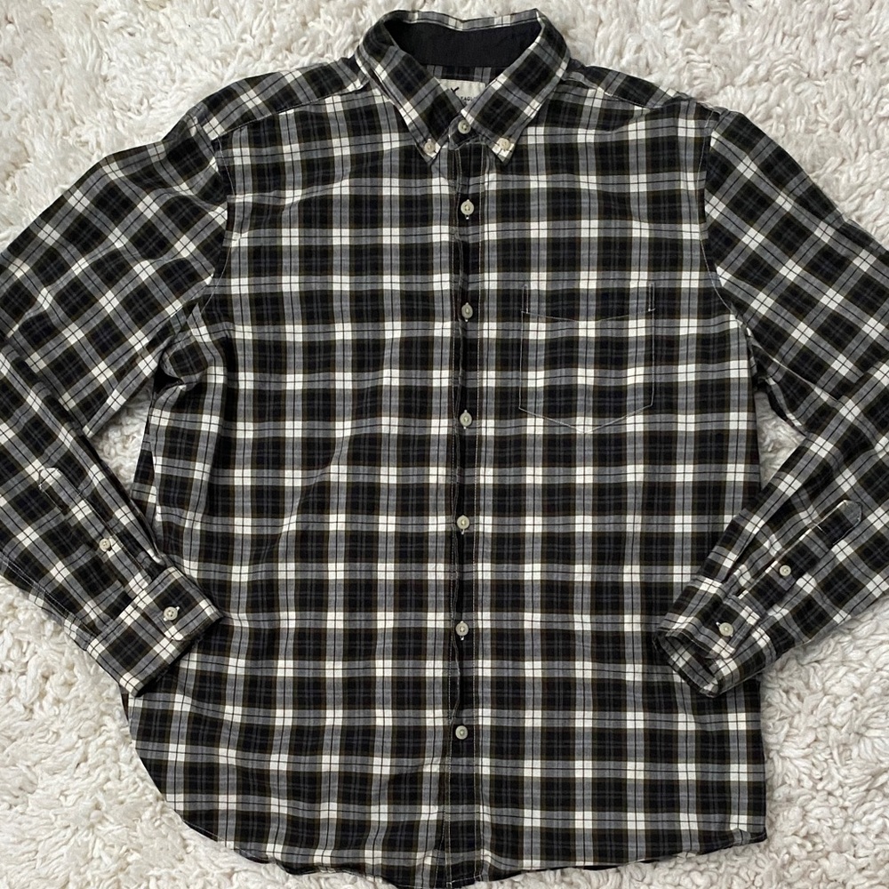 American Eagle men’s  Size L Black, Green White Plaid button down Pocket NWOT ¥
